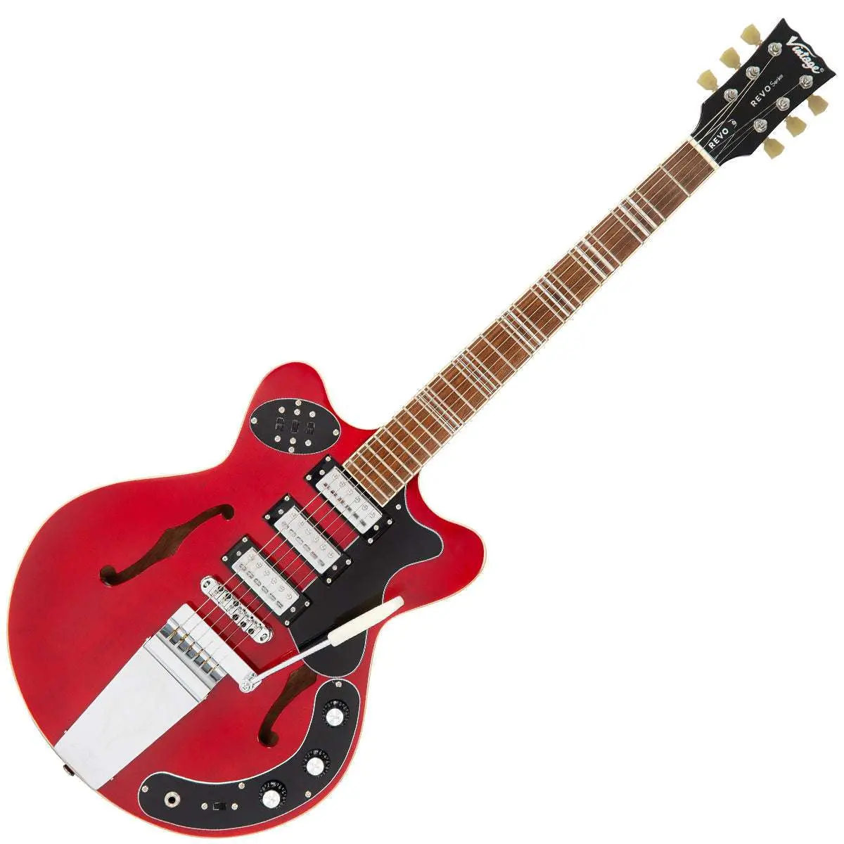 Vintage REVO Series 'Superthin' Electric Guitar ~ Cherry Red - Image 13