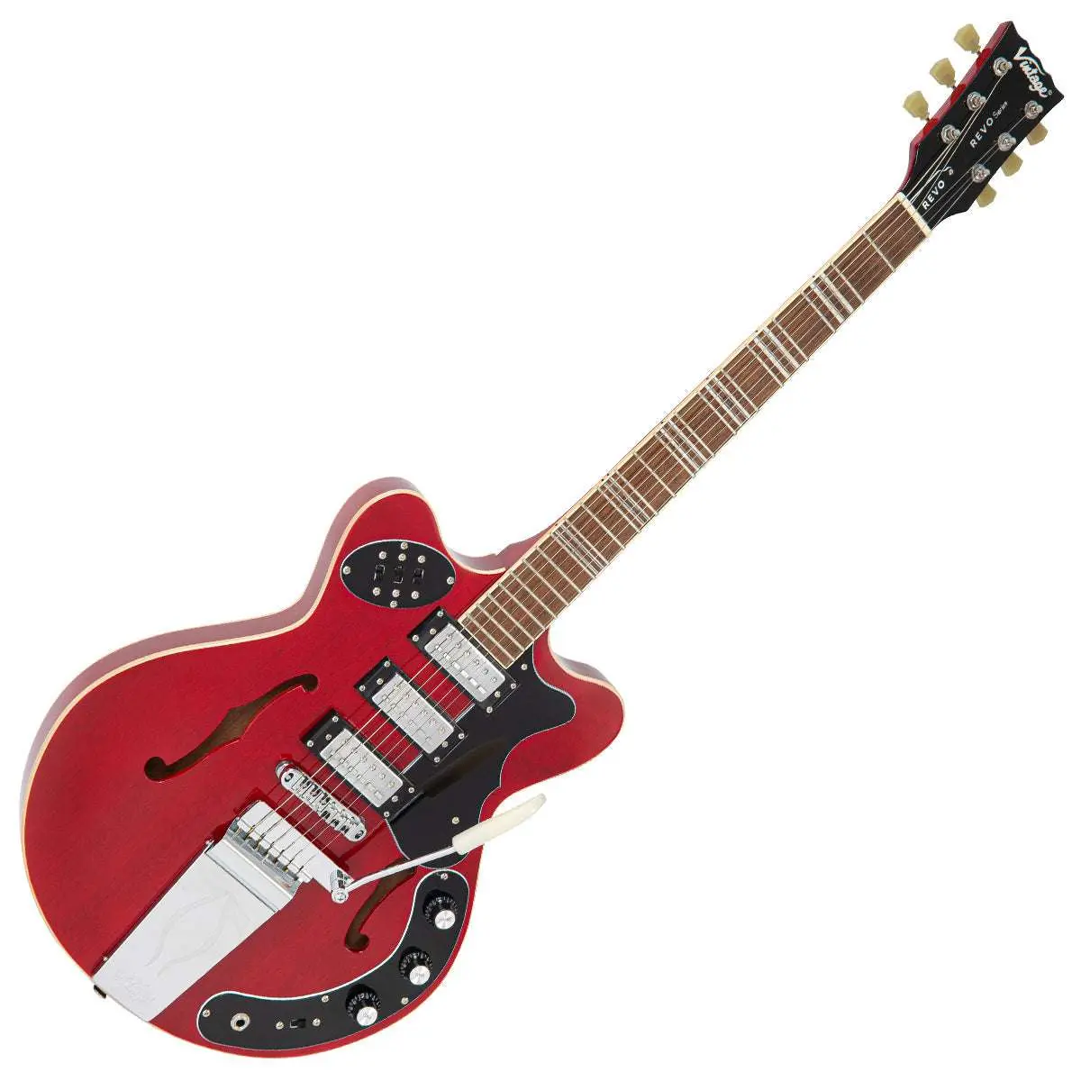 Vintage REVO Series 'Superthin' Electric Guitar ~ Cherry Red - Image 6