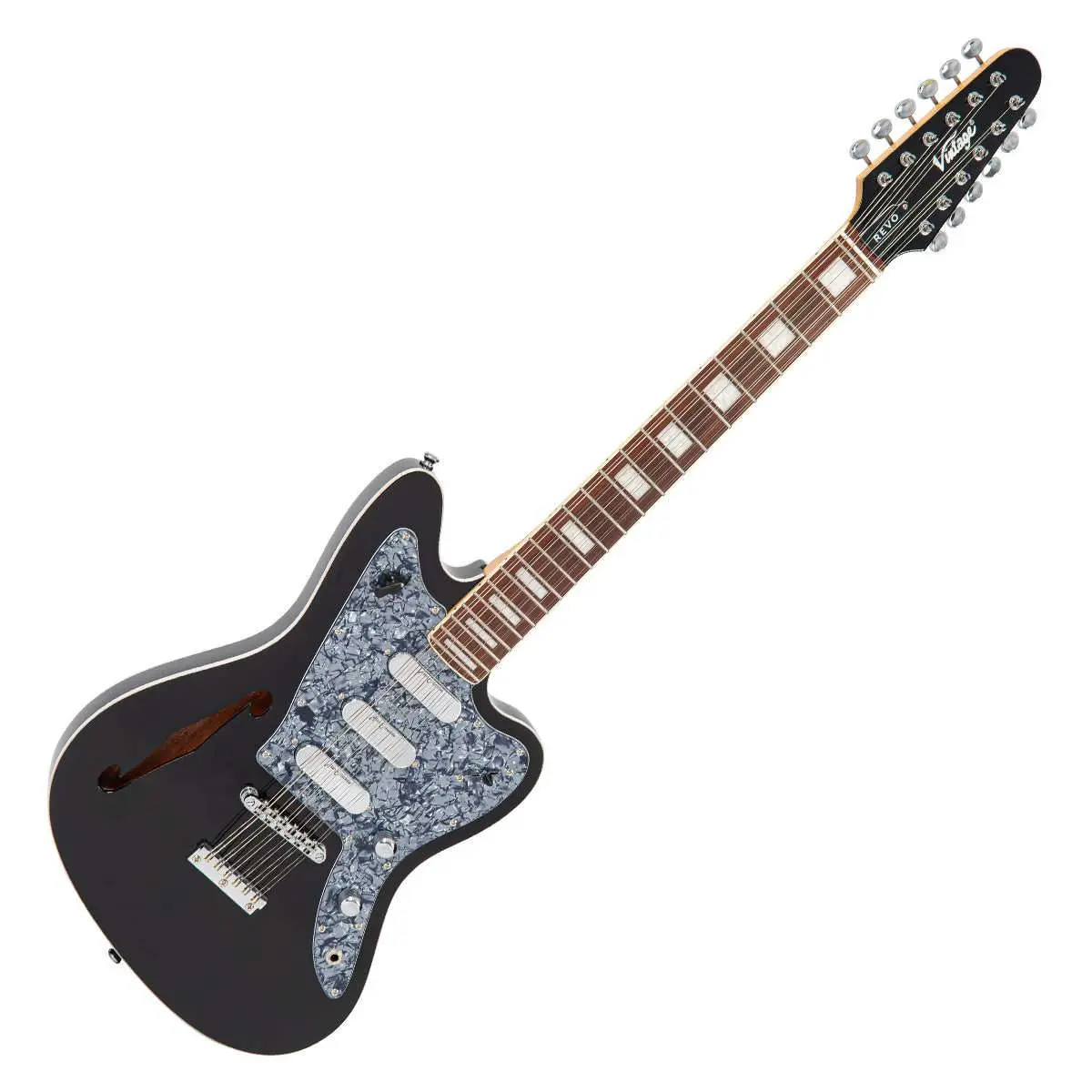 Vintage REVO Series 'Surfmaster Thinline 12' Electric Guitar ~ Boulevard Black - Image 11