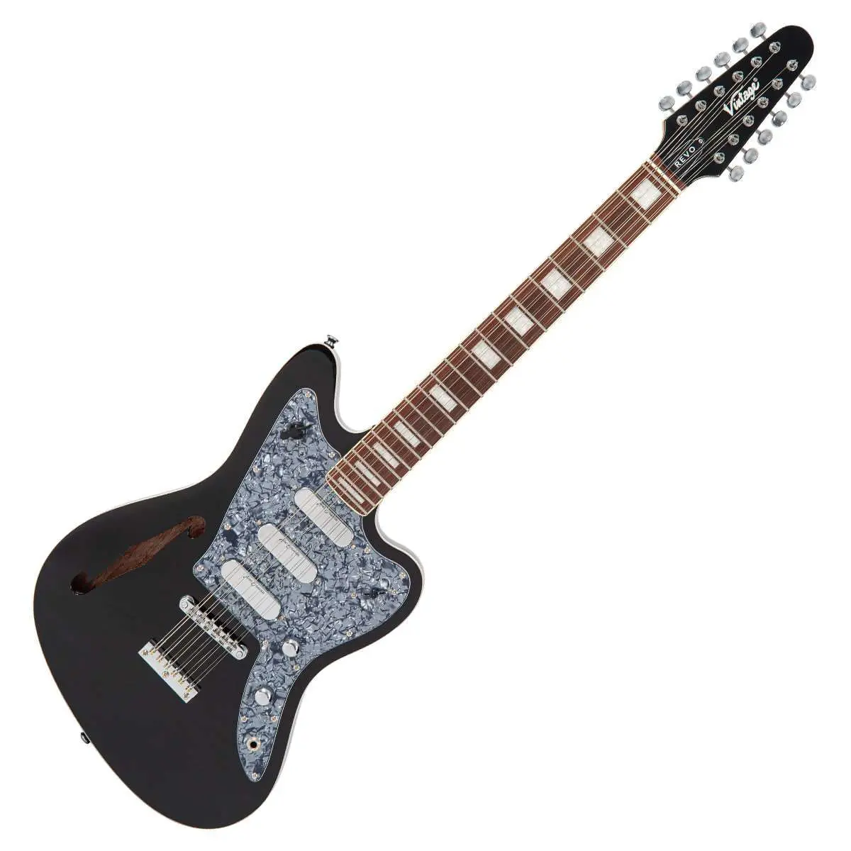 Vintage REVO Series 'Surfmaster Thinline 12' Electric Guitar ~ Boulevard Black - Image 3