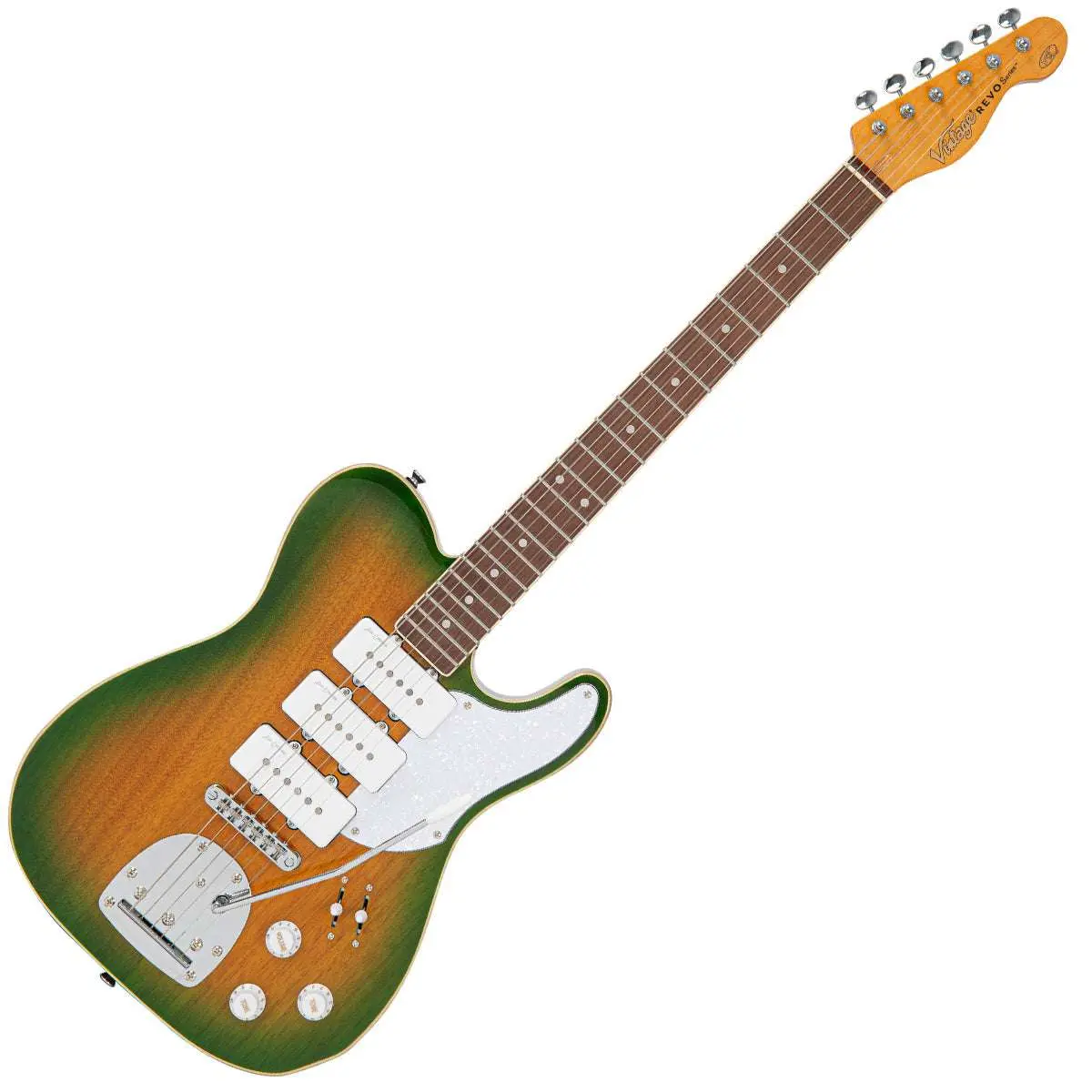 Vintage REVO Series Trio Electric Guitar ~ Green/Yellow Burst - Image 3