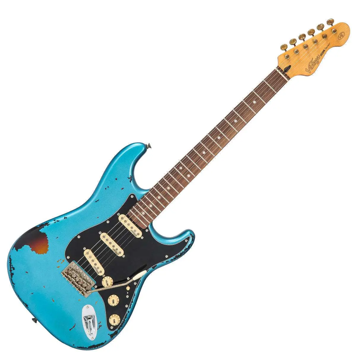 Vintage V6 ICON Electric Guitar ~ Distressed Gun Hill Blue Over Sunburst - Image 11