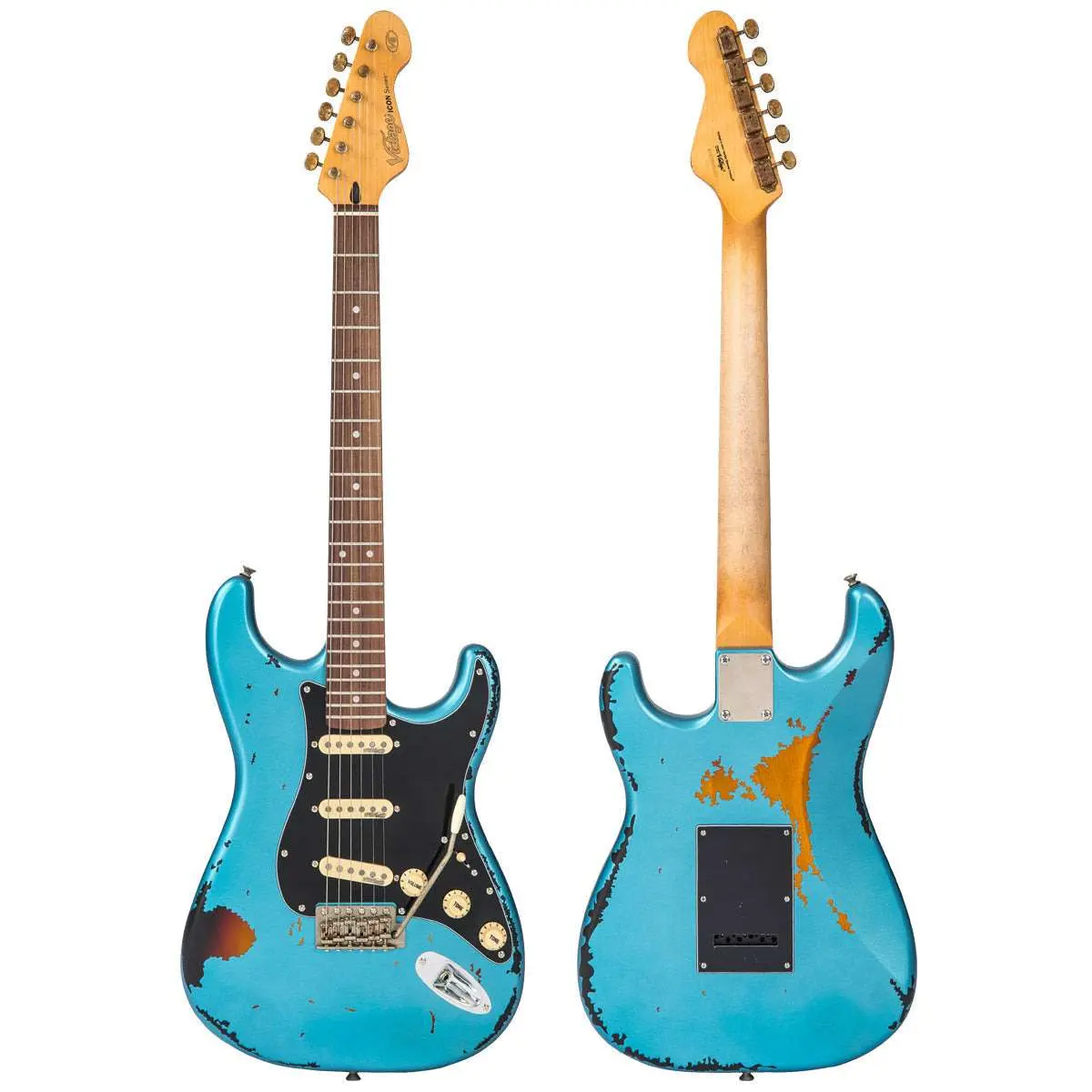 Vintage V6 ICON Electric Guitar ~ Distressed Gun Hill Blue Over Sunburst - Image 12
