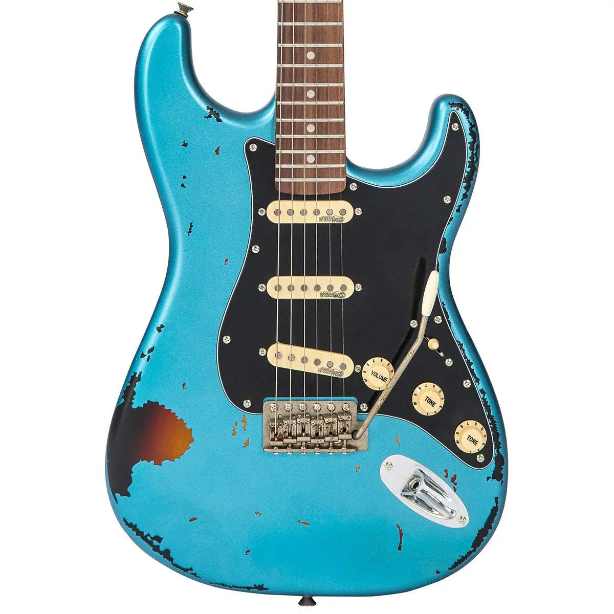 Vintage V6 ICON Electric Guitar ~ Distressed Gun Hill Blue Over Sunburst - Image 13