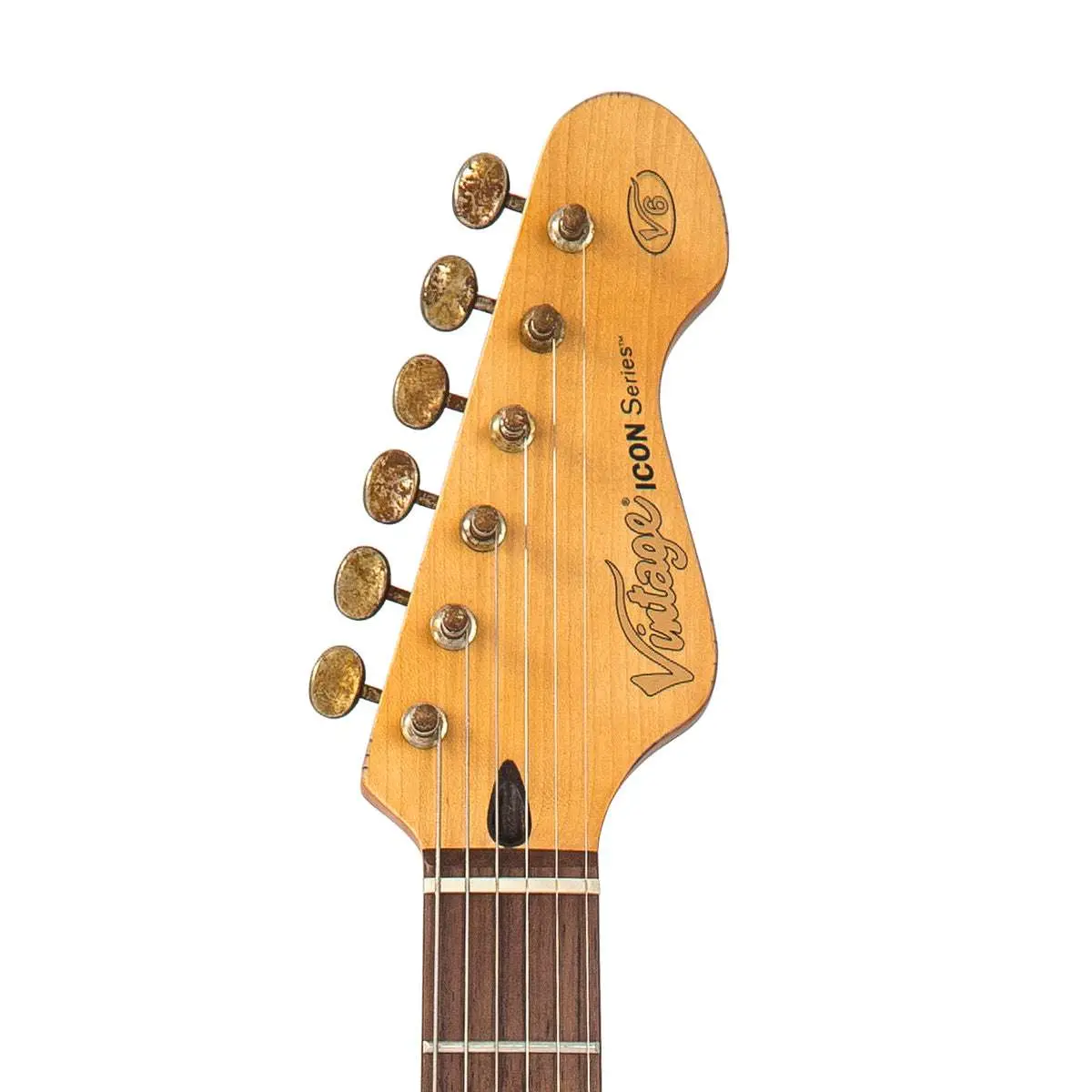 Vintage V6 ICON Electric Guitar ~ Distressed Gun Hill Blue Over Sunburst - Image 7