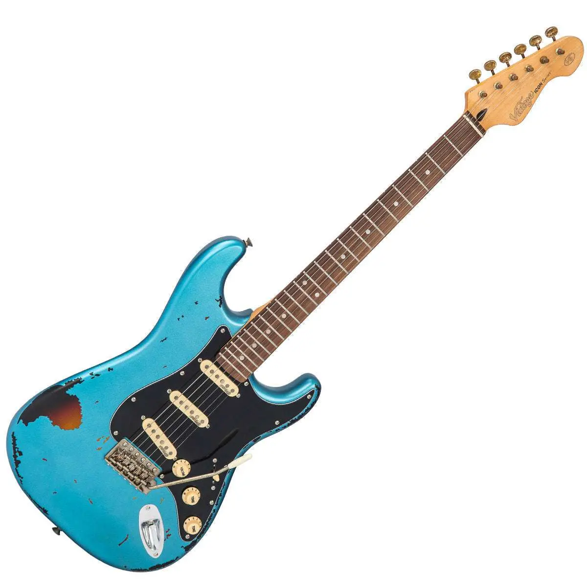 Vintage V6 ICON Electric Guitar ~ Distressed Gun Hill Blue Over Sunburst - Image 9