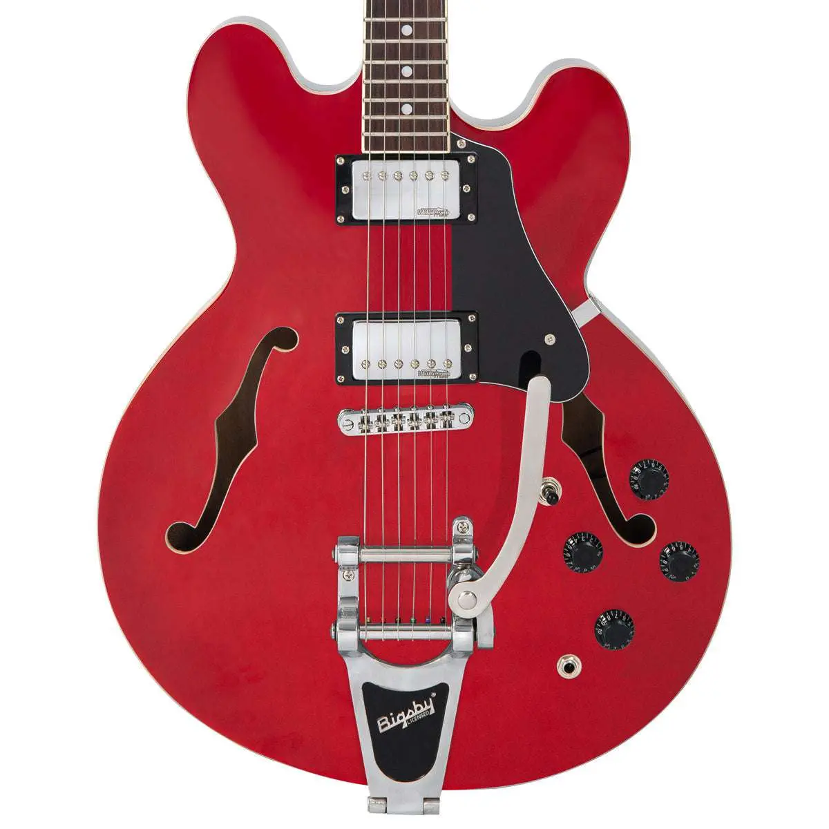 Vintage VSA500B ReIssued Semi Acoustic Guitar w/Bigsby ~ Cherry Red - Image 6
