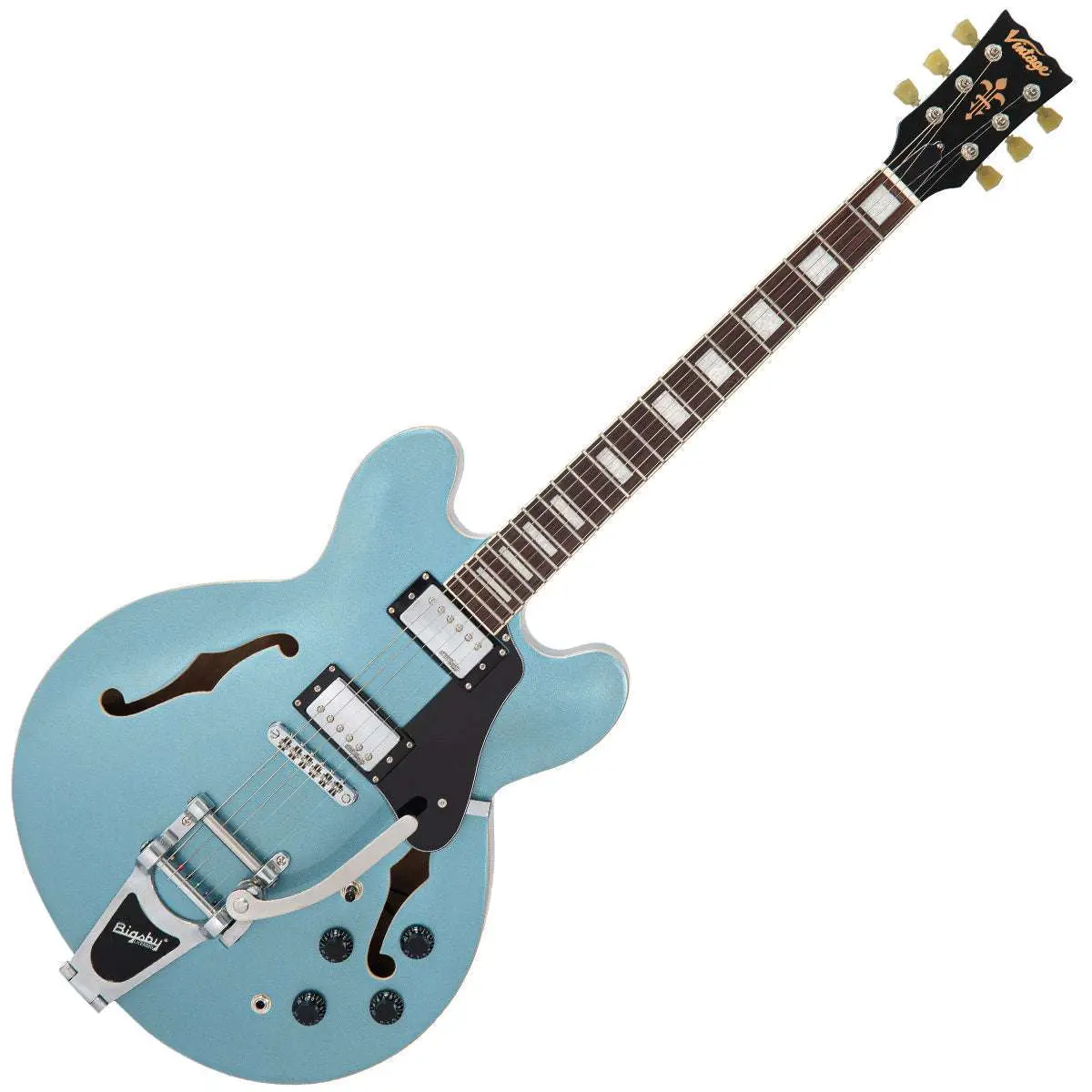Vintage VSA500B ReIssued Semi Acoustic Guitar w/Bigsby ~ Gun Hill Blue - Image 14