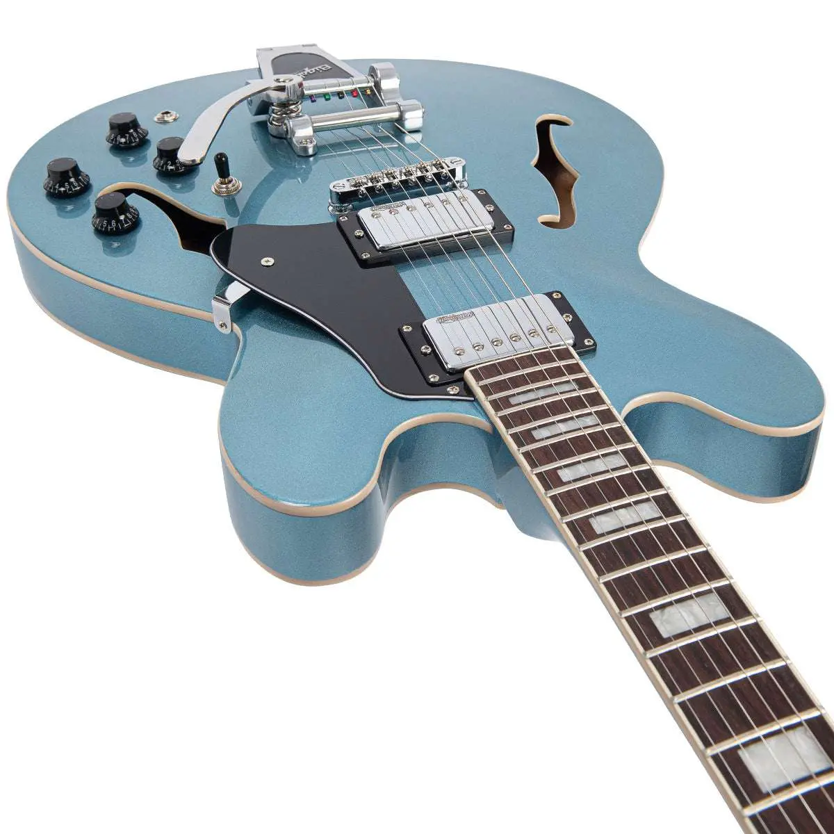 Vintage VSA500B ReIssued Semi Acoustic Guitar w/Bigsby ~ Gun Hill Blue - Image 21