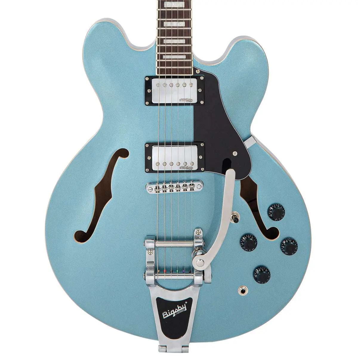 Vintage VSA500B ReIssued Semi Acoustic Guitar w/Bigsby ~ Gun Hill Blue - Image 7